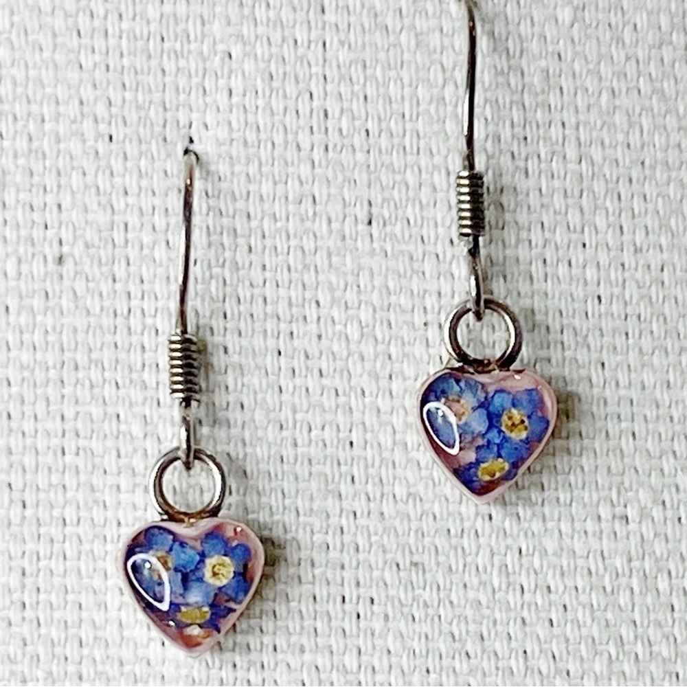 Vintage Heart Shaped Pressed Forget Me Not and Silver Hook Earrings